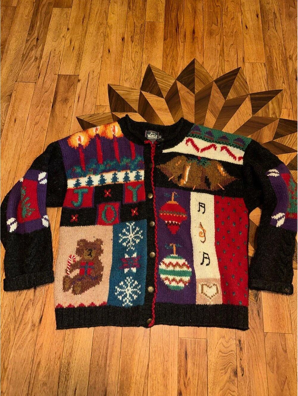 VTG Woolrich 100% Wool Cardigan Women's M Patchwork Christmas Sweater Joy Bear